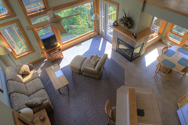 Top view of cabin living room and kitchen