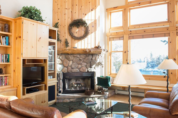 Cabin living room with fireplace
